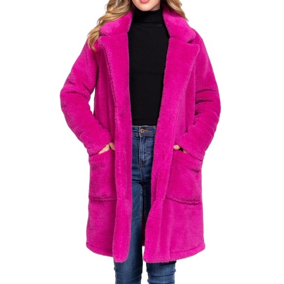 SHERPA FAUX FUR JACKET WITH POCKETS - PINK - Picture 2 of 3